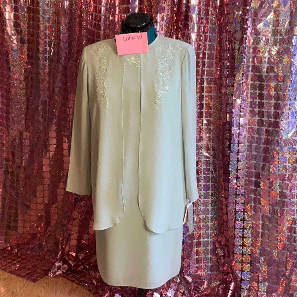 VIRGO dress with attached over jacket in size 10 petite in sage green